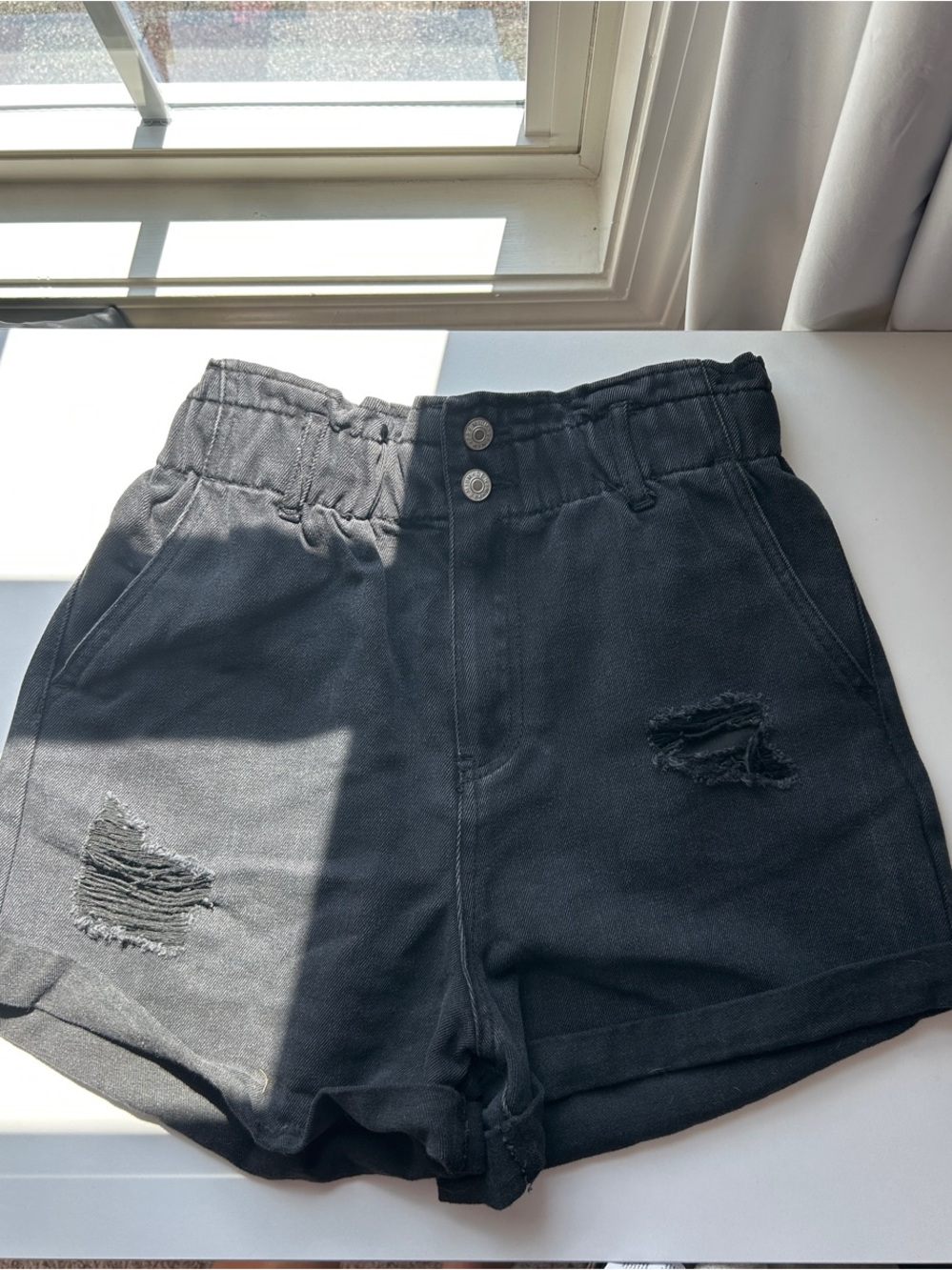 Love Tree Black High-Waist Distressed Paperbag Shorts